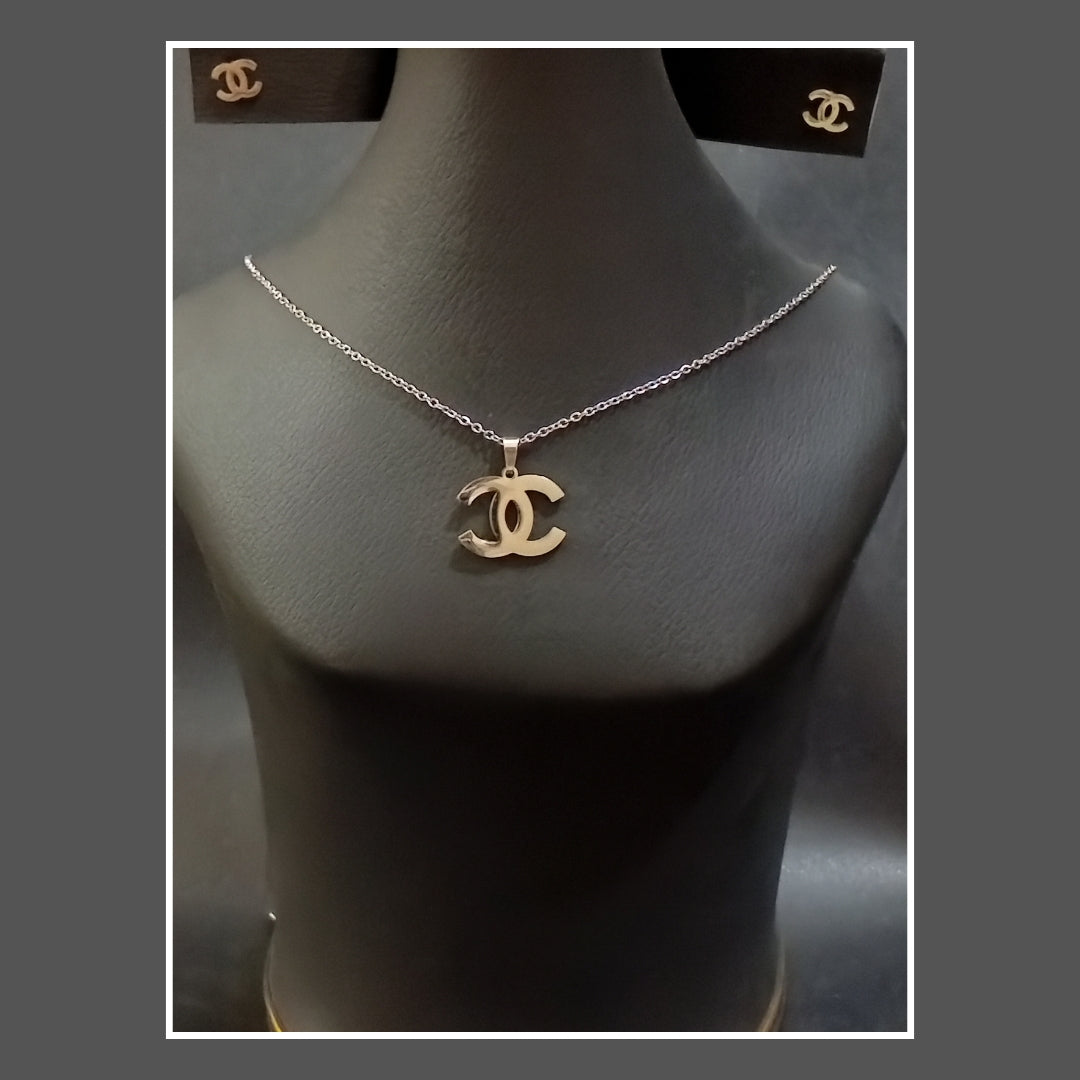 Silver Color Classic Double-C Pendant Set